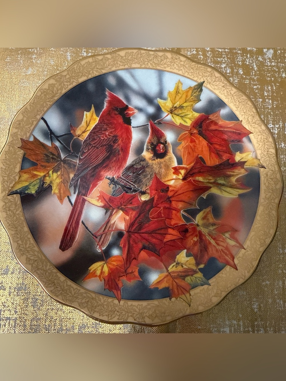 Cardinal and Autumn Leaves Decorative Wall Plate - Red & Gold. Autumn Mirage.